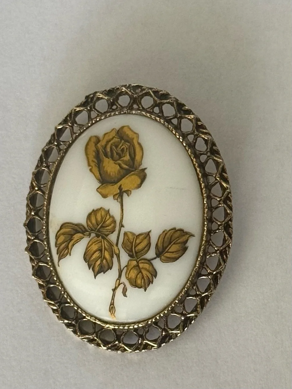 Sold Vintage Romantic Golden Rose Oval Milk Glass Cameo Brooch